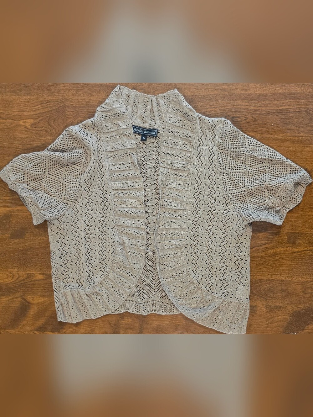 Jessica Howard Beige Openwork Knit Cropped Cardigan Sweater